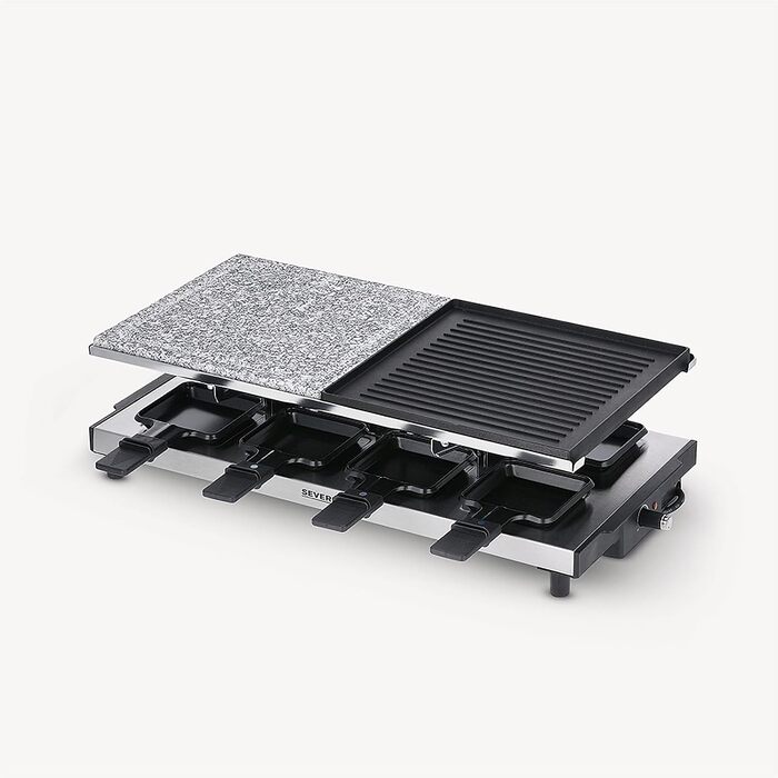 Раклетний гриль SEVERIN з натуральним каменем для гриля та пластиною для гриля, раклет з антипригарною пластиною для гриля, настільний гриль на 8 осіб, макс. 1 700 Вт, нержавіюча сталь / чорний, RG 2373 Високоякісний дизайн з нержавіючої сталі