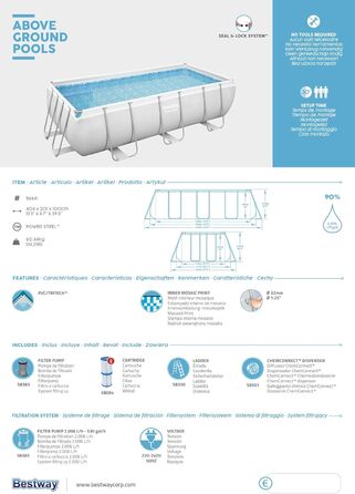 Набір басейнів Bestway Power Steel Frame з фільтруючим насосом 404 x 201 x 100 см, світло-сірий, квадратний