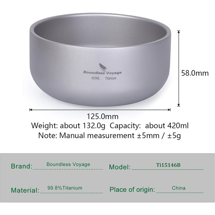 Титанова миска Boundless Voyage з подвійними стінками для дорослих та дітей, посуд для кемпінгу на свіжому повітрі, миска для вулиці, титанова миска для рису Ti15146B