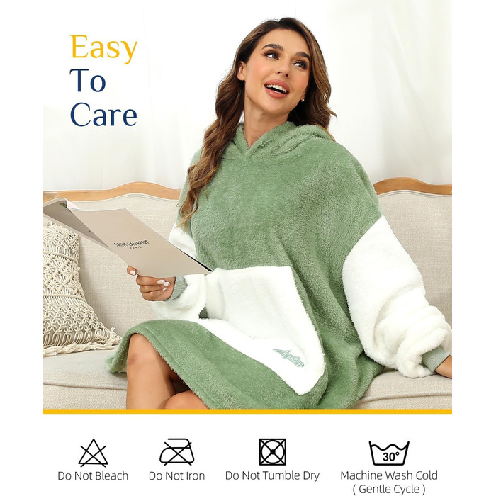 Ковдра з капюшоном Argstar Oversized, портативна ковдра, легка ковдра з капюшоном, затишна оксамитова ковдра, тепла толстовка з кишенею та еластичними рукавами для дорослих, жінок та чоловіків, шавлійно-зелена, один розмір