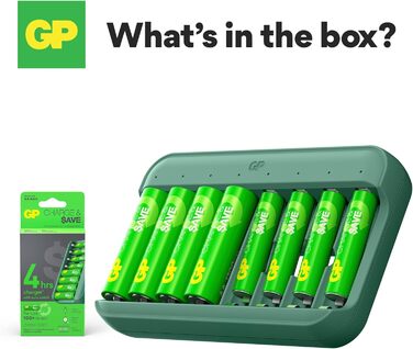 Зарядний пристрій GP Charge&Save для акумуляторів AA AAA з 8 зарядними слотами 4 батарейки AA та 4 батарейки AAA Зарядний пристрій USB-C Швидка зарядка, гнучке заряджання з окремими слотами, багатофункціональний захист, світлодіодний індикатор стану Компл