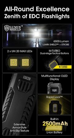 Тактичний ліхтарик Nitecore EDC29 Luminblade, акумуляторний світлодіодний ліхтарик USB, надзвичайно яскравий 6500 люмен, до 61 години роботи, чорний
