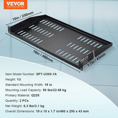 Полиця VEVOR 1U, 2 шт., для мережевої шафи, глибина 254 мм, вантажопідйомність 22,68 кг, для серверної стійки, вуглецева сталь, хороша циркуляція повітря для мережевої шафи або стійки для обладнання 482,6 мм, 1U-2 шт.