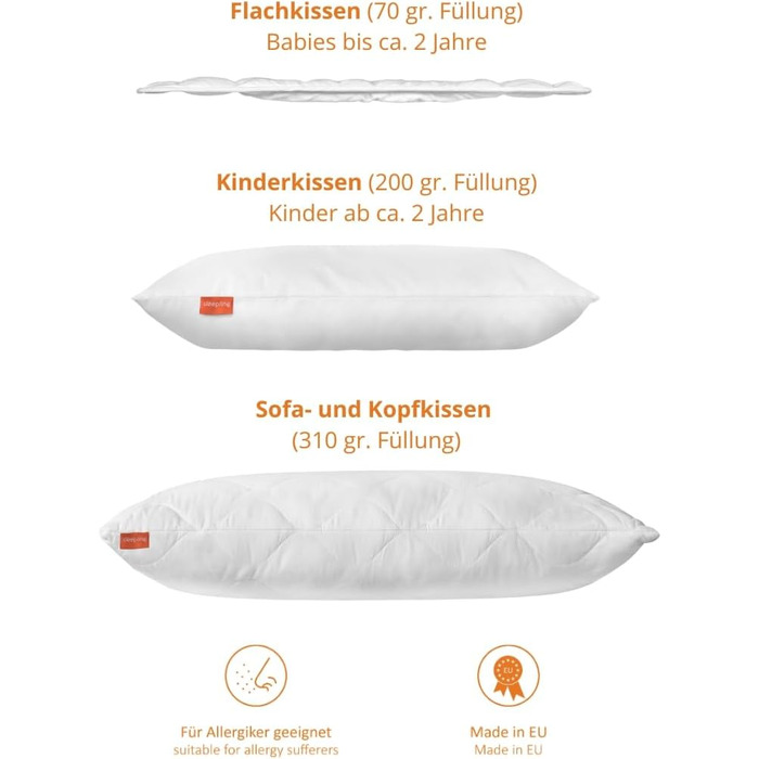 Подушка для сну дитяча, плоска подушка, плоска подушка 40 x 60 см, зроблено в ЄС, можна прати при 60 градусах, kotex 100, біла