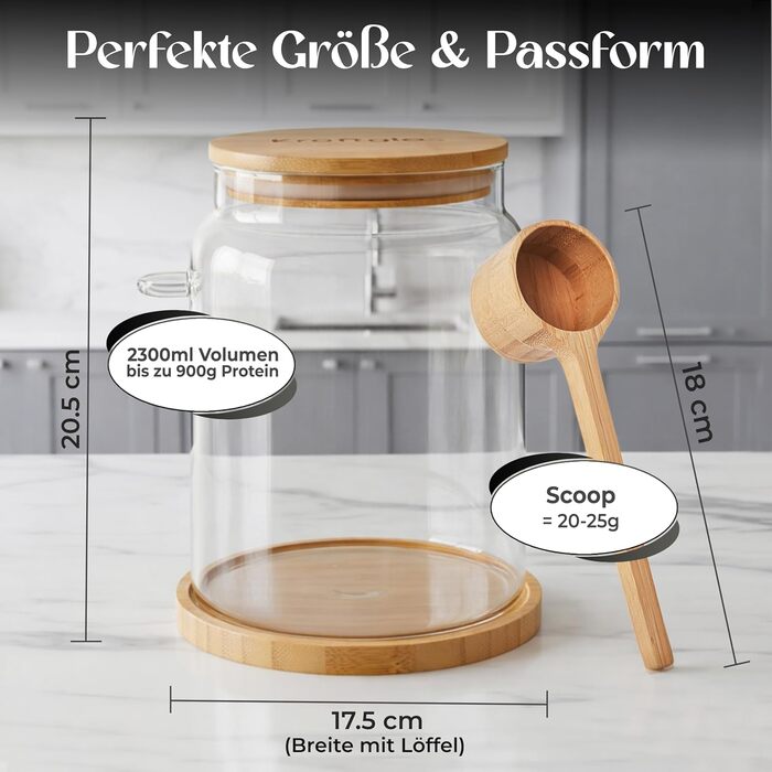 Банка для зберігання порошку сироваткового протеїну герметична банка об&39ємом 2300 мл з боросилікатного скла з бамбуковою кришкою, мірною ложкою та лійкою без бісфенолу А, ідеально підходить для білка та добавок