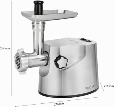 Електрична м'ясорубка Profi Cook PC-FW 1172, 1800 Вт, для м'яса, ковбас та печива, 2 кг/хв, з насадками для ковбас, кеббе та 3 сталевими дисками, нержавіюча сталь, срібляста