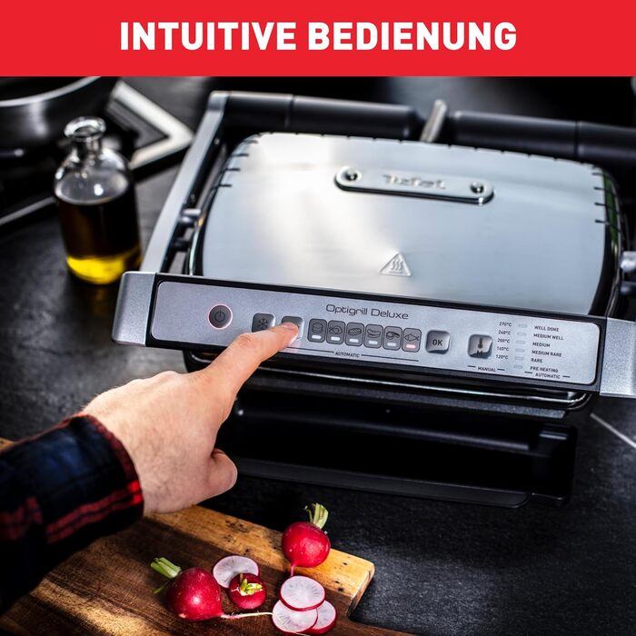 Контактний гриль Tefal OptiGrill Deluxe, 6 програм, індикація рівня приготування, 5 рівнів температури, знімні пластини, електрогриль, нержавіюча сталь, GC707D16