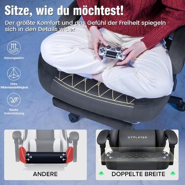 Ігрове крісло GTPLAYER, тканина, ергономічне офісне крісло, крісло для ПК, вантажопідйомність 150 кг, регульоване та поворотне робоче крісло з пружинною подушкою сидіння та підставкою для ніг, сірий