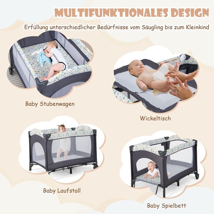 Дитяче ліжечко DREAMADE 4-в-1, складне та портативне дитяче ліжечко з колесами, матрац, пеленальний килимок та музичний мобіль, 102 x 72 см, приліжкове ліжечко для малюків 0-36 місяців (бежевий)