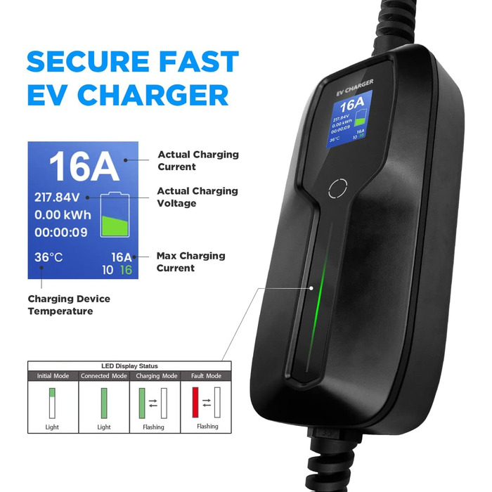 Портативний зарядний кабель для електромобілів з перемикачем 10/16А зарядний пристрій з екраном Schuko 2 pin EV зарядна станція SA