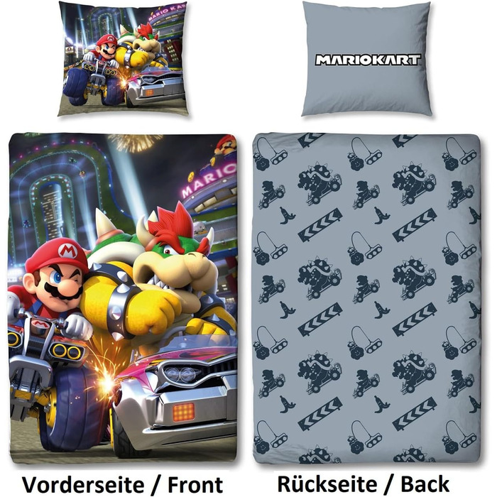 Дитячий двосторонній комплект постільної білизни Super Mario Kart - Постільна білизна для хлопчиків 135x200 80x80 см з 100 бавовни