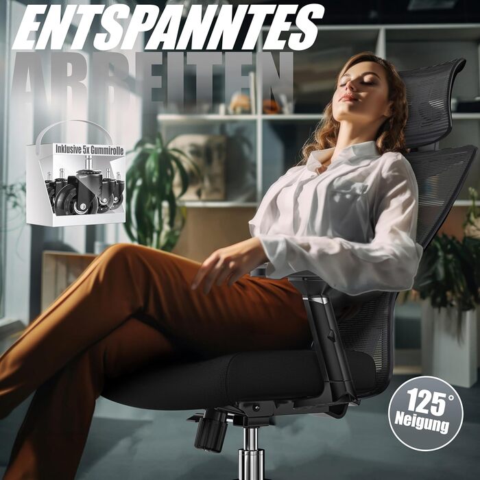 Ергономічне офісне крісло KESSER з регульованими підлокітниками Обертове крісло з поперековою опорою Зручне для спини письмове крісло з підголівником Офісне крісло з функцією нахилу до 125 та 5 гумовими колесами, чорне/сріблясте