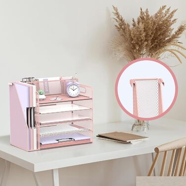 Органайзер для столу з тримачами для файлів, 5 рівнів, органайзер для столу з 3 тримачами для ручок, лотком для паперу та листів для офісу, дому, організації та зберігання, рожевий