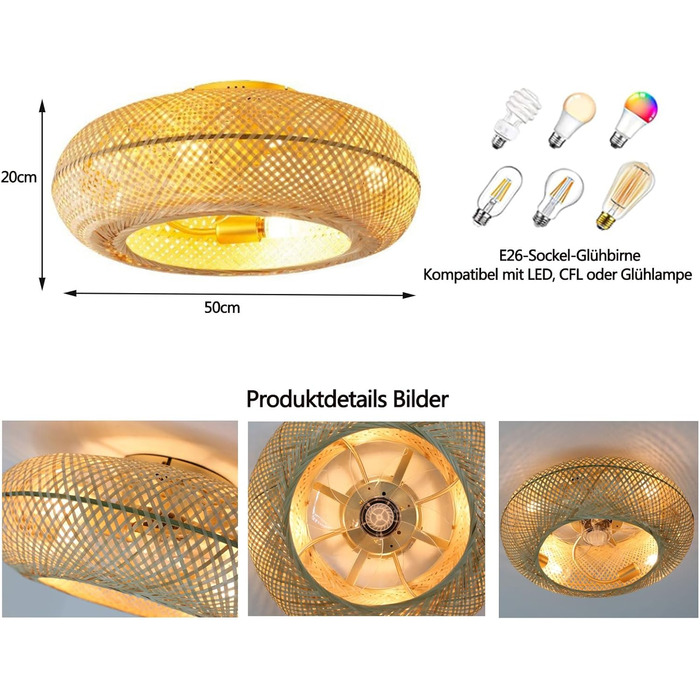 Стельовий вентилятор з підсвічуванням і пультом дистанційного керування Тихий E27 ретро бамбуковий стельовий світильник з вентилят