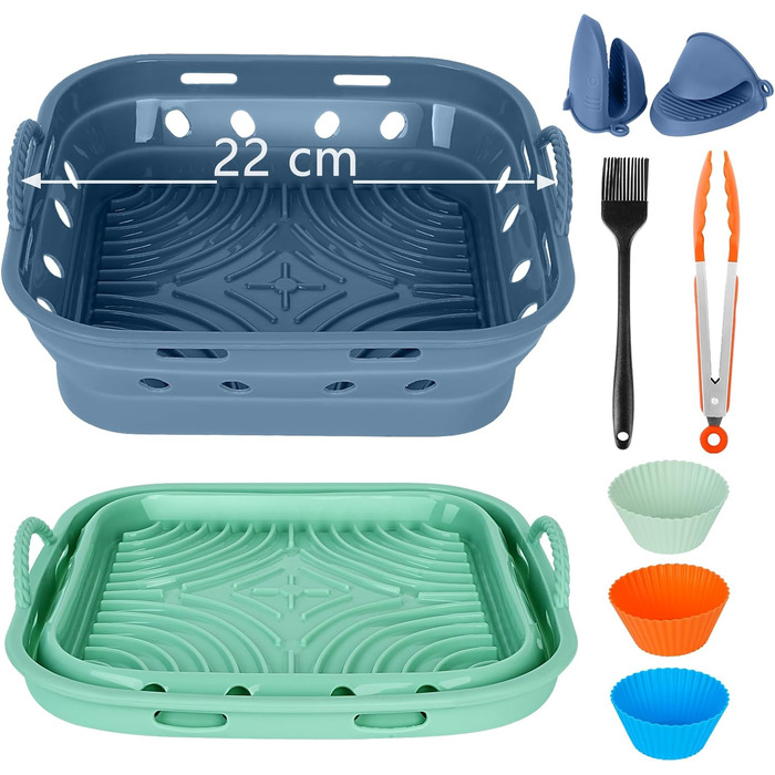 Силіконова форма Аерофритюрниця Квадратна силіконова фритюрниця Аксесуари 22 см Складна аерофритюрниця Форма для випічки Дизайн циркуляції повітря, Харчовий клас, Легкий догляд (Набір 1, СинійЗелений) Квадрат 22 см СинійЗелений