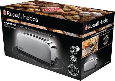 Тостер Russell Hobbs 2-слотовий довгий слот для 4 скибочок / 2 широких скибочки хліба Adventure Stainless Steel (надзвичайно широкі отвори для тостів, включаючи насадку для булочки, 6 рівнів підрум'янювання функція розморожування)23610-56