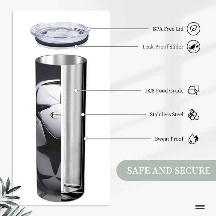 Кухоль з прямою трубочкою, 590 мл, чорно-білий, з футбольним принтом, дорожній кухоль, підходить для кемпінгу, офісу та дому