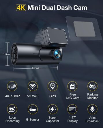 Відеореєстратор автомобільний передній задній, 5 ГГц WiFi GPS, подвійний відеореєстратор, 1.5 IPS міні-автомобільна камера з 64 ГБ