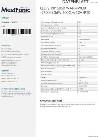 Світлодіодна стрічка Mextronic 5050, тепле біле світло (2700K), 36W, 500 см, 12V, IP20