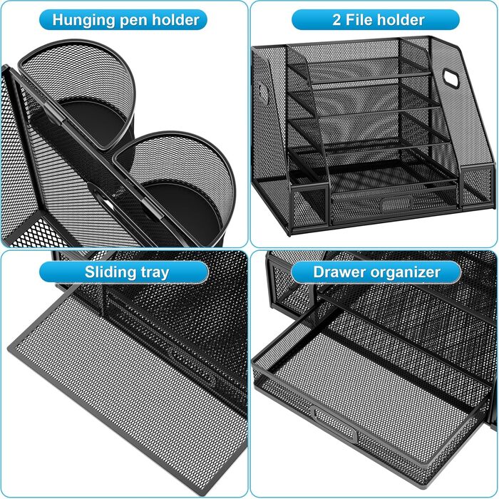 Органайзер для столу Marbrasse з тримачами для файлів, 5-ярусний лоток для листів з шухлядою та 2 тримачами для ручок, сітчастий лоток для настільних аксесуарів, тримач для журналів та офісного приладдя (чорний) 42 x 30 x 28 см