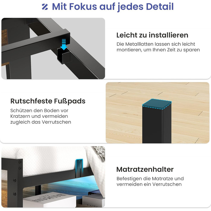 Ліжко 140x200 з металевою рейковою основою, двоспальний каркас ліжка 140x200 см зі світлодіодним освітленням та зарядною станцією (2 розетки змінного струму, 1 порт USB та 1 порт Type-C), металеве ліжко з узголів&39ям, чорно-коричневе, 140x200 см