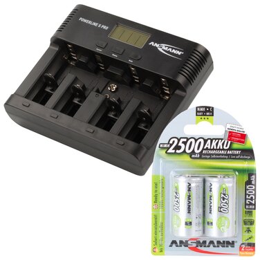 Зарядний пристрій ANSMANN для акумуляторів AA/AAA/C/D/9V NiMH - Зарядний пристрій з 5 програмами заряджання заряджання, розряджання, тестування, оновлення, швидке заряджання USB - Powerline 5 Pro 2 акумулятори Baby C ємністю 2500 мАг, включаючи 2 акумулят