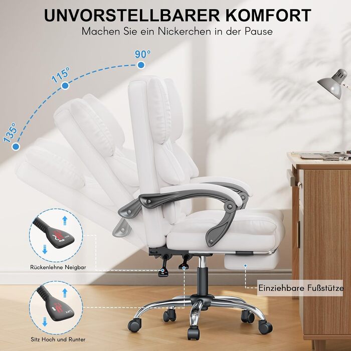 Офісне крісло naspaluro з підставкою для ніг, ергономічне робоче крісло, комп&39ютерне крісло зі штучної шкіри з м&39якими підлокітниками та м&39яким підголівником, функція нахилу, поворотне крісло з регулюванням висоти, білий колір, без підігріву
