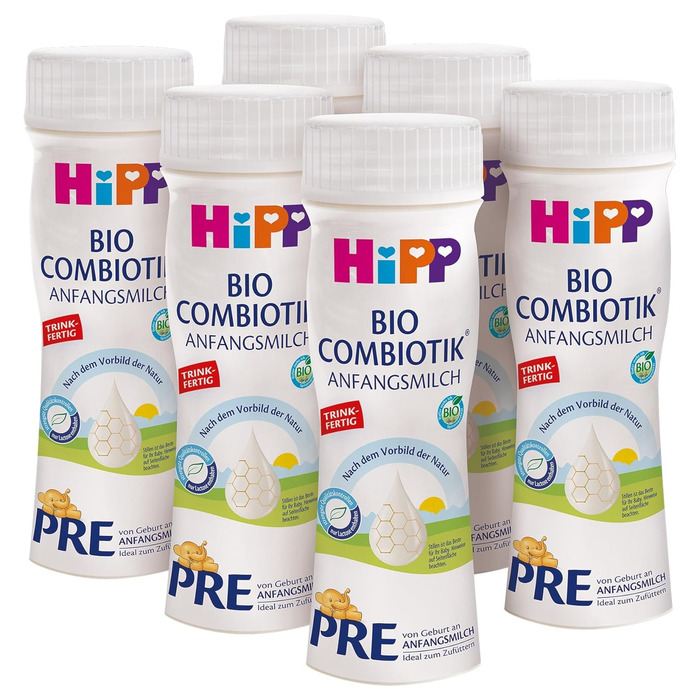 Готова до вживання суміш HiPP PRE Bio Combiotik (6 x 200 мл), перше молоко від народження, містить лише лактозу як вуглевод, найкращої органічної якості