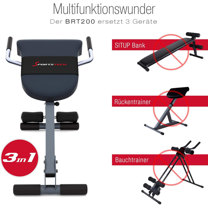 Складана та регульована силова лава Sportstech 3-в-1 для домашнього використання тренажер для пресу, спини та згинання ніг Ідеально підходить для ефективного та результативного тренування в домашньому спортзалі вагою до 130 кг BRT200 Silver
