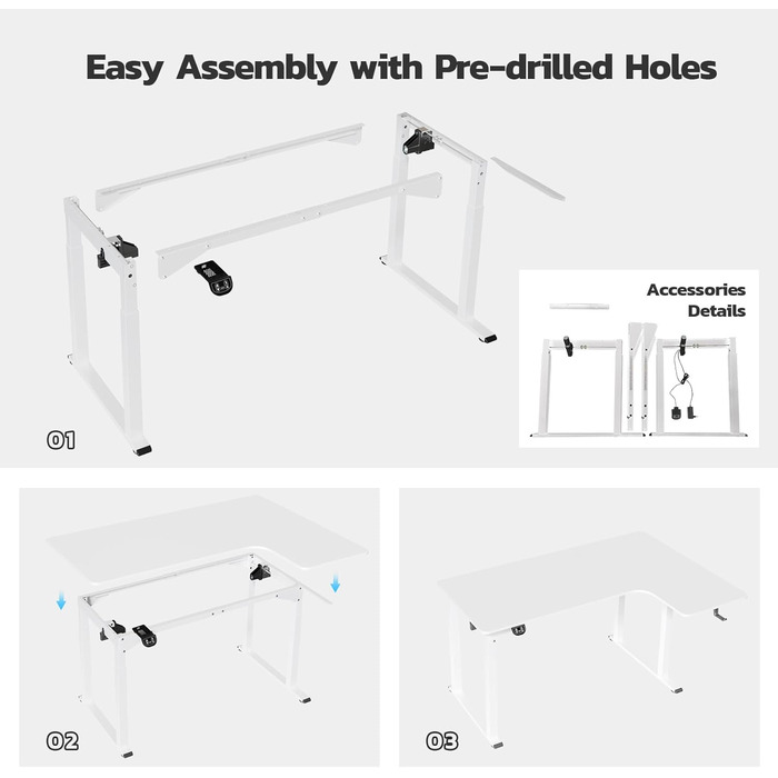 Електричний стіл Dripex з регульованою висотою 180x110 см, L-подібний стіл з регульованою висотою та подвійним двигуном, кутовий стіл з 4 ніжками для суперстійкості, дошка для зрощування, білий 180 x 110 см