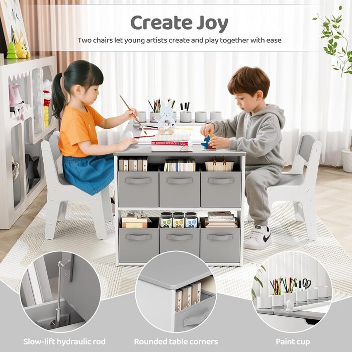 Дитячий стіл MAMIZO з 2 стільцями, дерев&39яний дитячий стіл та комплект стільців, дитячий комплект сидіння з місцем для зберігання та рулоном паперу, стіл для малювання та рукоділля, художній стіл для дітей від 3 років, сірий