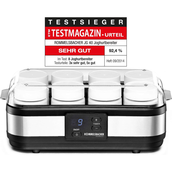 Йогуртниця ROMMELSBACHER JG 40 - до 1200 г йогурту, РК-дисплей, 18-годинний таймер, автоматичне вимкнення, електронний контроль те