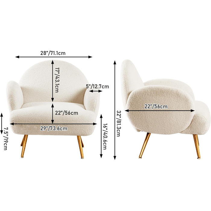 Сучасне крісло для відпочинку, одномісний диван, диван для відпочинку, затишна плюшева тканина, золотисті металеві ніжки, підходить для вітальні, спальні, білий, біло-золоті підлокітники