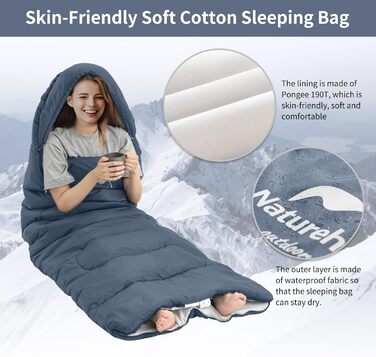 Спальний мішок Naturehike з капюшоном, спальний мішок-ковдра для кемпінгу, легкий та зручний, ідеально підходить для пригод на природі та подорожей, темно-синій-лівий (11C)