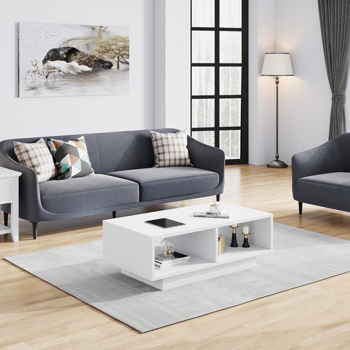 Білий журнальний столик, центральний/чайний столик для вітальні, сучасний та стильний прямокутний журнальний столик з 2 відкритими відділеннями, прямокутний бічний столик/столик до дивана, для спальні/офісу, 90x48x31 см, білий дерев&39яний композит
