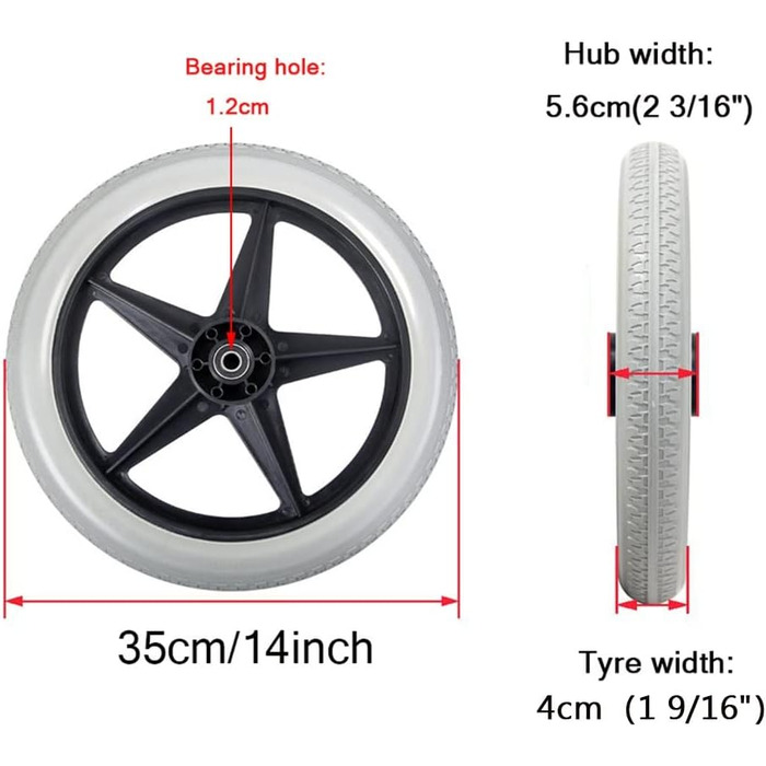 Дюймові аксесуари для інвалідних візків ззаду, 14 x 1.75 ненадувне колесо, ручне запасне колесо для інвалідного візка/сірий/2 місця, 14-
