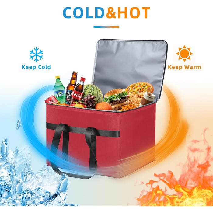 Велика складна сумка-холодильник об&39ємом 38 літрів, термосумка для покупок, вміщує 20 кг, ідеально підходить для ізольованих сумок для покупок, сумок для пікніка та подорожей на природі. Червоного кольору.