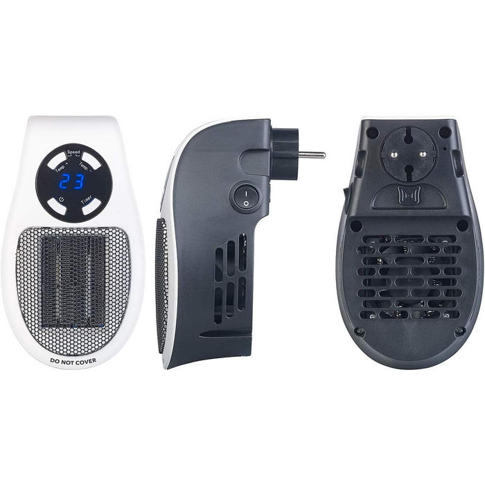 Підключається до розетки побутової техніки Sichler Керамічний вентилятор-обігрівач з термостатом, таймером, дисплеєм, 500 Вт (Маленький обігрівач для розетки, підключається до розетки, для людей похилого віку)