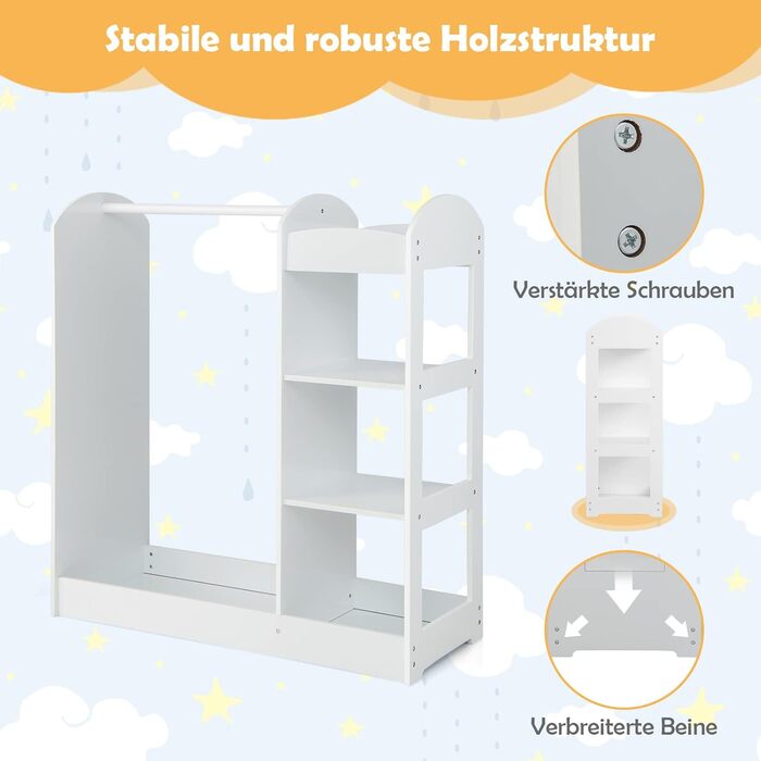 Дитяча шафа для одягу DREAMADE з дзеркалом і вішалкою для одягу, дитяча шафа з 4 відкритими полицями, вішалка для дитячого одягу д