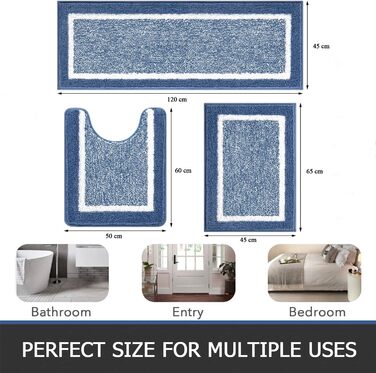 Комплект килимків для ванної кімнати Pauwer Soft, 3 предмети, вбираючі килимки для ванної з мікрофібри та килимок для туалету, пухнастий килимок для ванної, нековзний, килимок для туалету, що миється, з вирізом, синій, 45 x 65 45 x 120 U 50 x 60 см