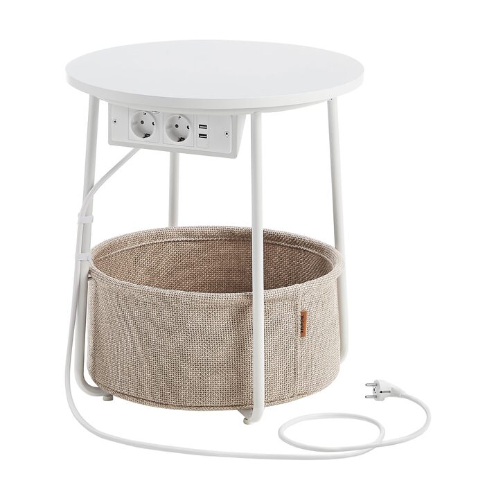Круглий бічний столик VASAGLE, маленький столик, журнальний столик з розеткою, столик для вітальні, кошик з тканини, місце для зберігання у вітальні та спальні, сучасна тумбочка, матовий білий-верблюжий коричневий LET228W02 Матовий білий верблюжий коричне