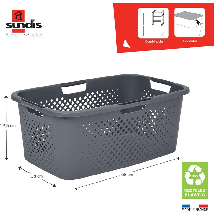 Кошик для білизни 40 л, виготовлений з переробленого пластику, сірий, 4 бічні ручки, вентиляція з усіх 4-х сторін 40 л сірий