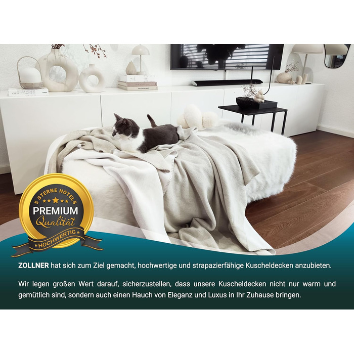 Двоколірна флісова ковдра ZOLLNER 150x200 см - Затишна ковдра для дивана бежевого кольору - Можна прати при температурі до 40C - Міцна змішана тканина - Якість готельної білизни - Сертифіковано Oeko-Tex 150 x 200 см бежевий