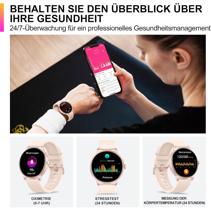 Розумний годинник для жінок та чоловіків, 1,43-дюймовий AMOLED-дисплей, Bluetooth-дзвінки, фітнес-трекер із монітором серцевого ритму та сну, водонепроникний фітнес-годинник IP68 для Android та iOS, рожевий