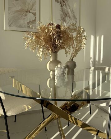 Обідній стіл Beliani, безпечне скло, прозорий, 120 см, круглий з металевим каркасом, золотий Maramo