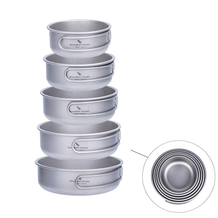 Титановий набір посуду миски, тарілки, кемпінгові горщики, сковорідки зі складними ручками, портативний набір для приготування їжі на відкритому повітрі, легкий посуд Bercher 350 мл 500 мл 600 мл 700 мл 800 мл, горщики, сковорідки, 5 шт. /партія Ti1096T