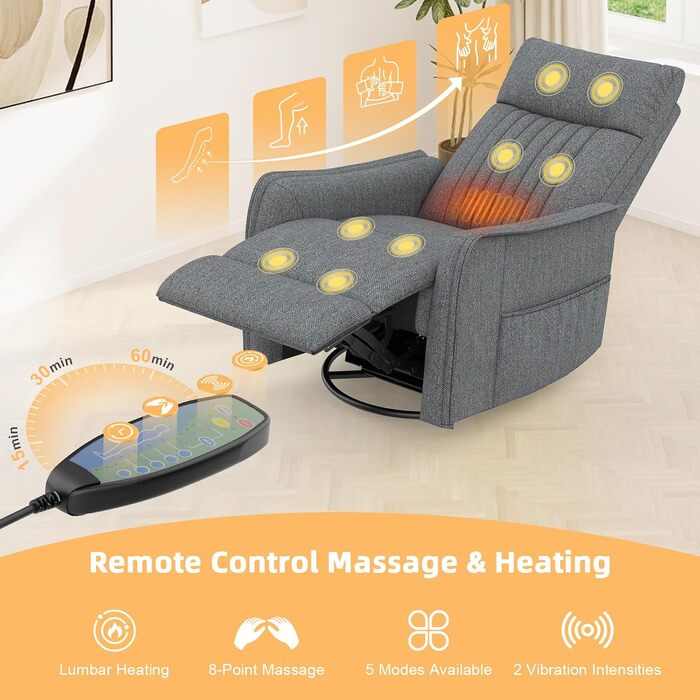 Крісло для телевізора/масажне крісло з функцією відкидання, крісло для релаксації з підігрівом та масажем, крісло для телевізора з поворотом на 360 для вітальні, крісло-гойдалка з м&39яким підголівником, 2 бічні кишені, сірий