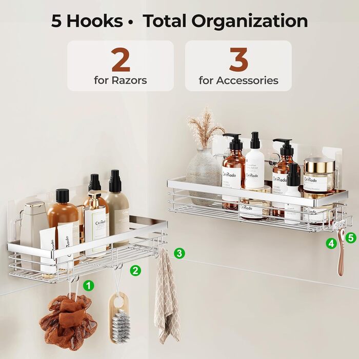 Полиця для душу Orimade без свердління - Душова полиця з 5 гачками, полиця для ванної кімнати без свердління, нержавіюча сталь, 2 шт., 01-Сріблястий