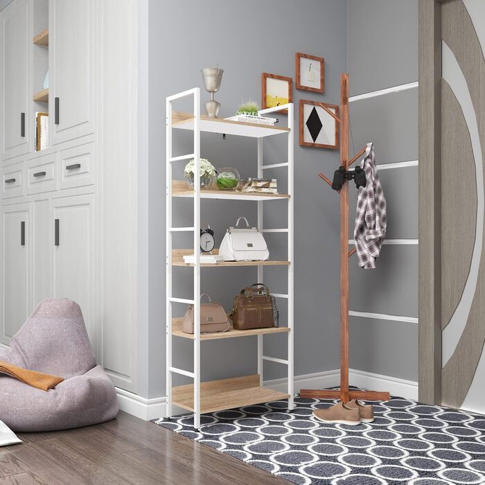 Книжкова полиця WOLTU, Відкрита окремостояча полиця з 5 полицями, Полиця для вітальні, спальні, кабінету, 60x160x27,5 см, Білий Світлий дуб, 5 полиць (60 x 27,5 x 160 см) Білий Світлий дуб