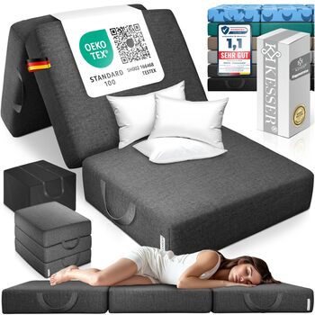 Розкладний матрац KESSER 75 x 195 x 15 см Гостьовий матрац, що складається в 3 сторони, у вигляді пуфа для ніг Розкладний матрац з пінопласту 25 кг/м Надзвичайно товстий 15 см Дихаючий Знімний чохол, що прається, включаючи сумку для перенесення в кемпінгу